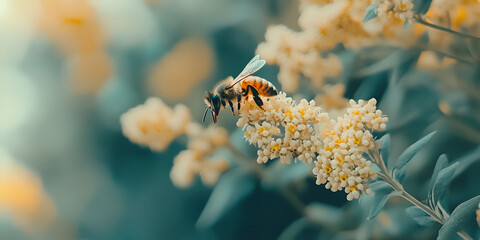 Bee on Yellow Flowers, Close-up of Bee Pollinating Flowers, Summer Bee Collecting Nectar from Yellow Blossoms
