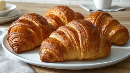 Fototapeta premium Freshly Baked Golden Croissants on a White Plate, Perfect for Breakfast or Brunch