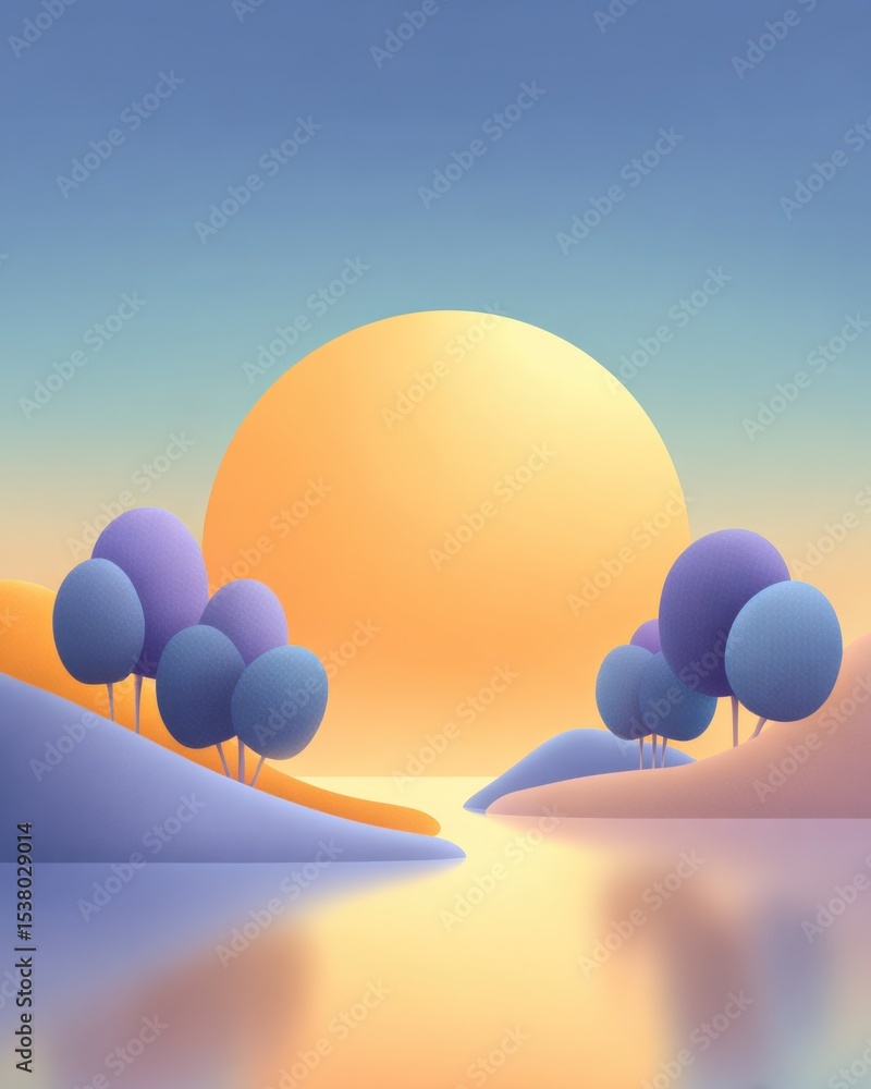 Canvas Prints sunset reflects on water with trees on land. illustration style with soft colors and landscape eleme