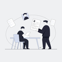 Minimal flat vector of a job interview scene where a candidate presents their resume. Clean faceless style with abstract background, ideal for business and HR concepts.