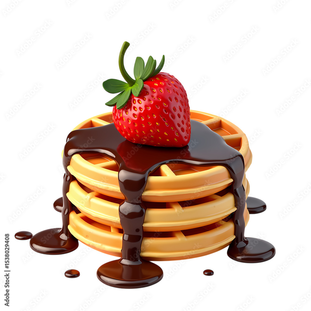 Aufkleber stack of waffles with chocolate syrup and a strawberry on top isolated on transparent background