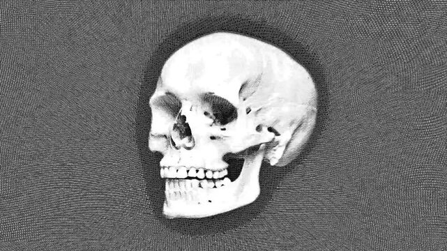 Rotating White Skull with Intricate Dithered Noise Pattern in Grayscale