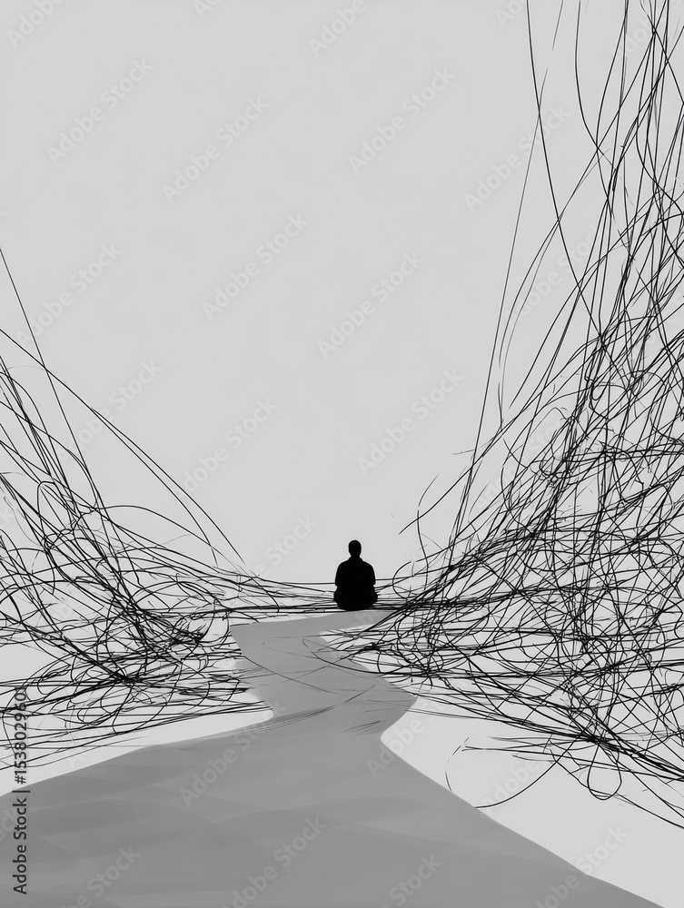 Poster Thoughts Unraveling Into Peaceful Lines in a Serene Setting With One Figure in Quiet Contemplation