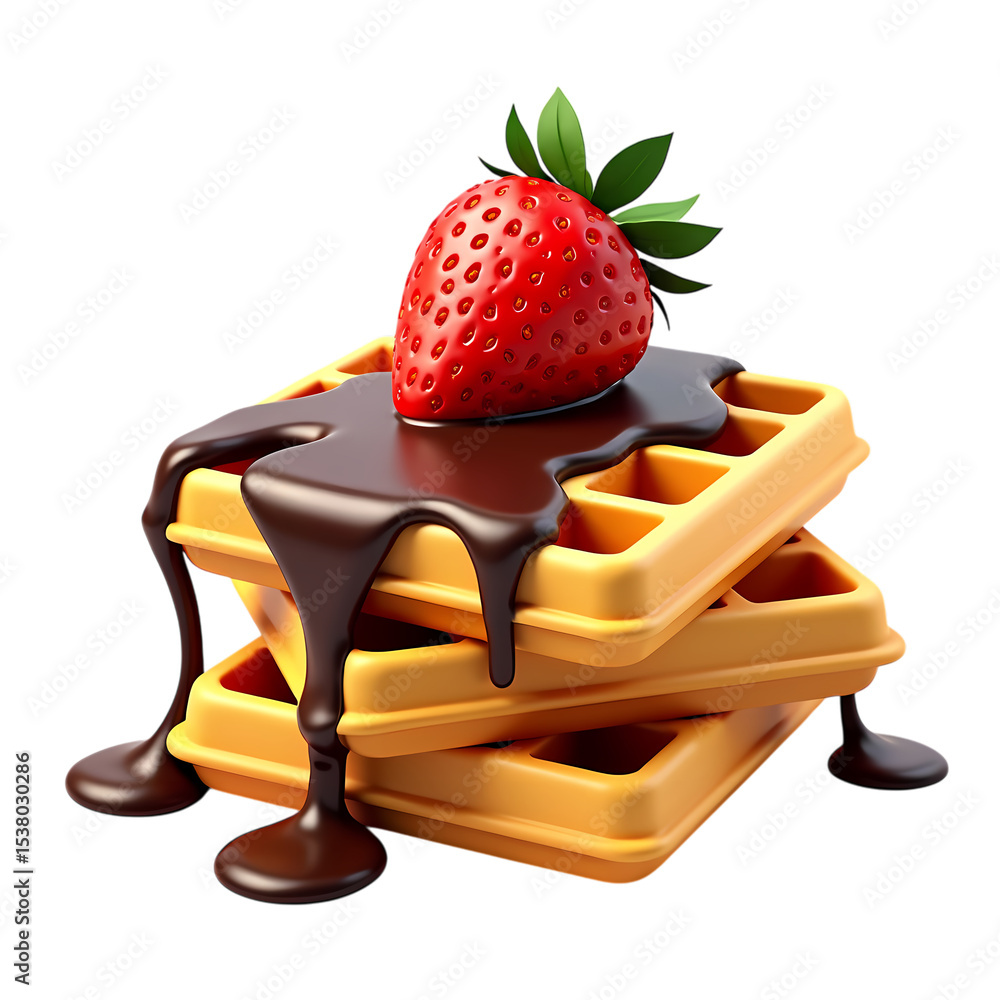 Poster stack of waffles with chocolate sauce and a strawberry topping isolated on transparent background