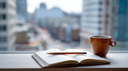 Close-up of open notebook with pencil and coffee mug on table by city window, using natural light and hyper-realistic details to show modern lifestyle and creativity