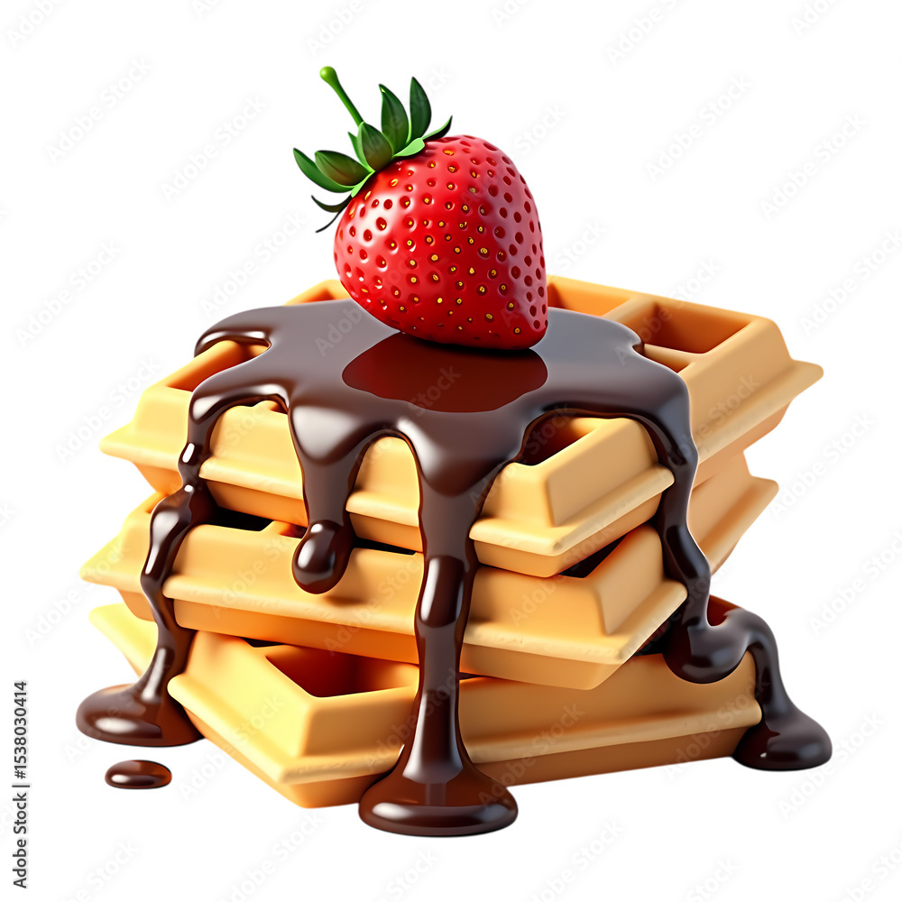 Poster a stack of waffles with chocolate syrup and a strawberry on top isolated on transparent background