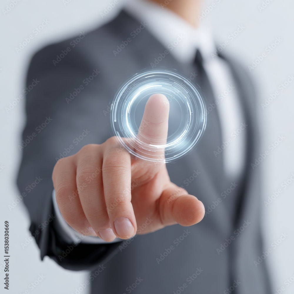Poster man presses virtual button on transparent screen. innovative interface, new technologies, business c