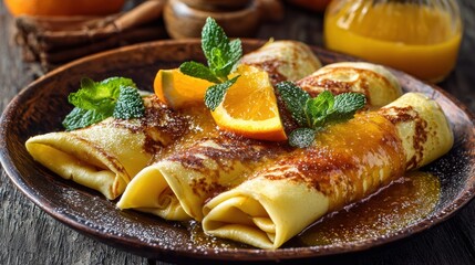 Delicious traditional dessert crepes filled with sweet fruit filling topped with powdered sugar fresh mint and orange slices served on a rustic plate