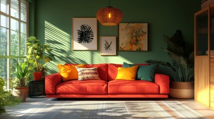 A bold living room with a red sofa, colorful pillows, and lighting creates a fun and artistic vibe.