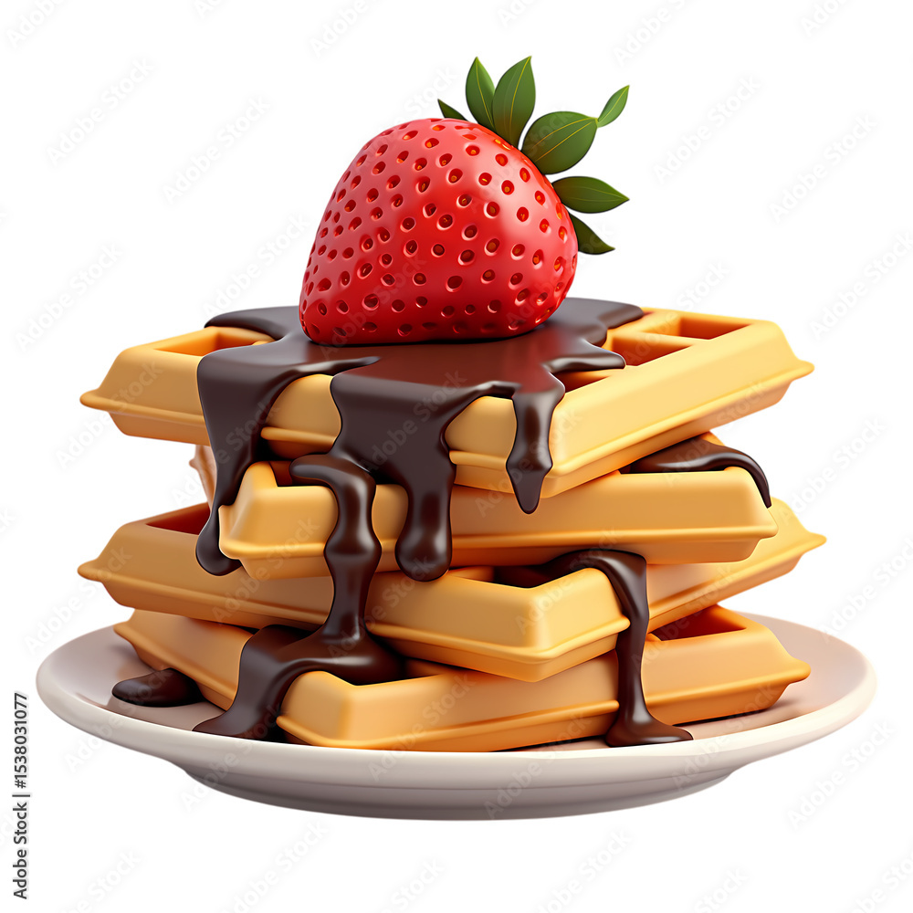 Poster a stack of waffles with chocolate sauce and a strawberry on top isolated on transparent background