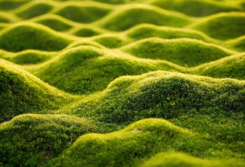 Ethereal Moss Hills: A mesmerizing close-up of undulating moss hills, bathed in the soft glow of daylight, creating a scene of organic tranquility and natural elegance. Ai generated image