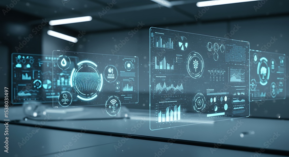 Poster futuristic holographic data displays advanced technology interface and visualizations