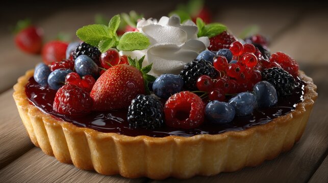 Delicious mixed berry tart with fresh strawberries blueberries blackberries and raspberries topped with whipped cream and a shiny glaze on a wooden surface