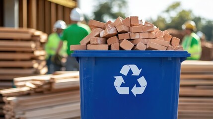 Blue recycling bin filled with broken bricks, with construction workers and wooden beams blurred in the background.