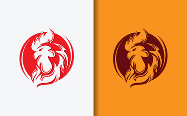Rooster logo combined with red circle in modern minimalist design. Animal vector logo illustration.