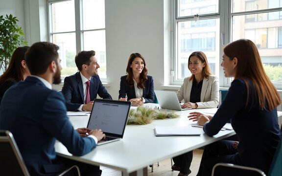 Photo of business men ladies people partners sitting around table desktop spacious big office seven members successful professionals good mood discussing new project indoors. High quality