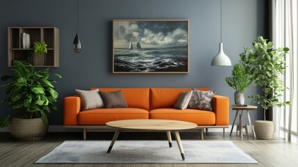 Cozy lounge with orange sofa, wood tables, green plant, and seascape art. Blue-gray tones.