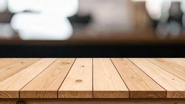 Wooden table surface with a blurred background, showcasing a light brown wood texture, suited for product mockups and display spaces, creating depth of field.