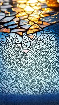 Abstract mosaic art piece with vibrant gold, blue, and white triangular and polygonal shapes with shiny surfaces