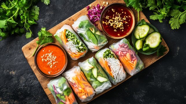 Flat lay of a fresh spring roll platter with sauces and bright vegetable fillings