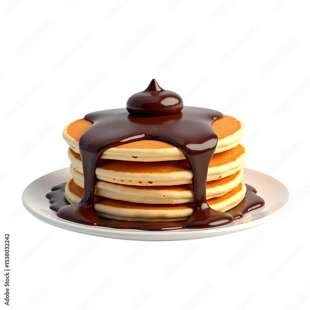 Poster stack of pancakes with chocolate syrup on a white plate view isolated on transparent background