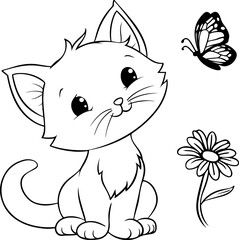 Adorable kitten sitting next to a butterfly and a flower, coloring page for children