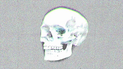 Rotating White Skull with Digital Noise and Red Green Blue Distortion on Gray Background - Powered by Adobe