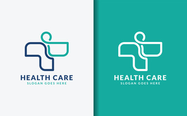Abstract modern health logo combining human figure with medical cross, symbolizing holistic care and patient-centered service.