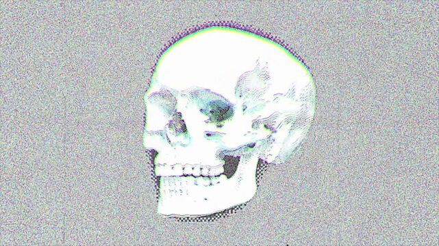 Rotating White Skull with Digital Noise and Red Green Blue Distortion on Gray Background