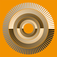 Golden radial circle design. Orange background pattern. Vector metallic ring. Warm color burst.