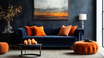 Navy sofa with orange pillows, framed art, candles, and poufs set a moody, stylish tone in a cozy room.