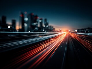 Blazing light trails stretch through a high-speed highway at night, slicing across a modern city skyline and symbolizing motion, technology, and the relentless pulse of urban life.