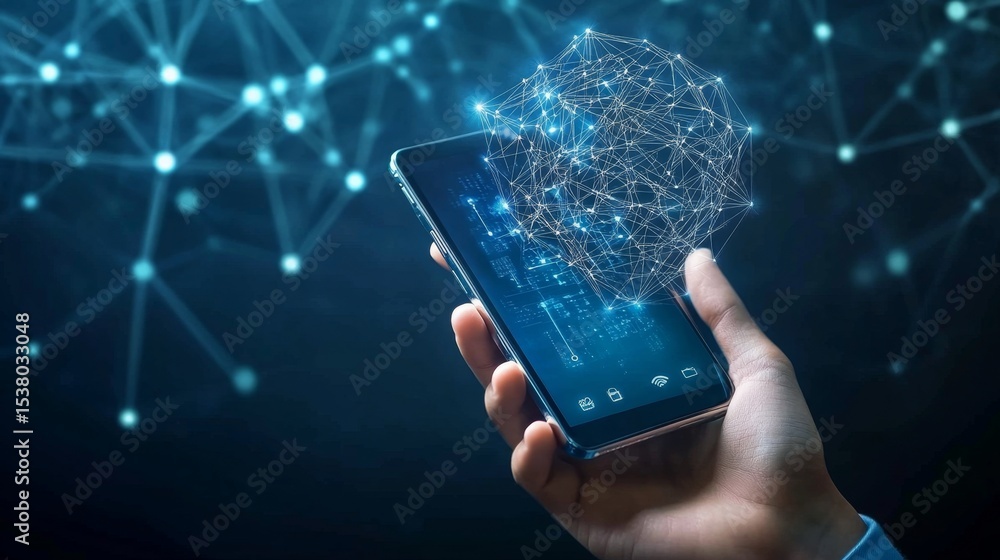 Poster smartphone in hand with d ai virtual assistant screen hovering, digital network background