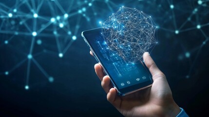 Smartphone in hand with D AI virtual assistant screen hovering, digital network background