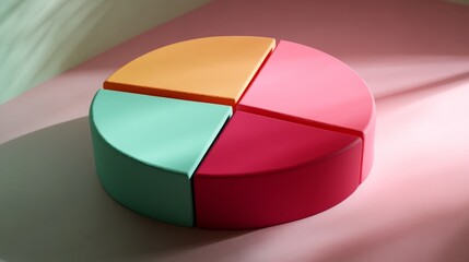 Obraz premium Soft-lit D pie chart with bold part colors and minimal labels