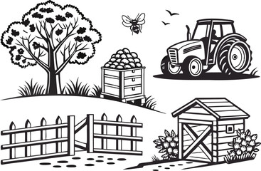 Naklejka premium Rustic Farm Scene with Tractor, Hive, and Fence