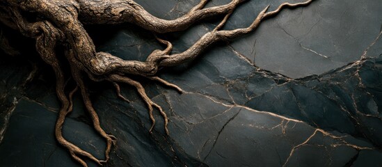 Fototapeta premium Dark roots on cracked stone background; nature texture