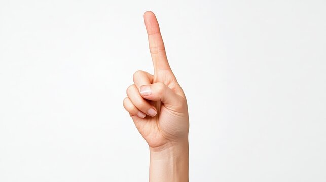A close-up of a human hand showing the index finger pointing upward against a plain white background.