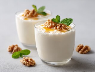 Two glasses filled with cream, nuts, honey and mint leaves are sitting on a table. Healthy dessert, sweet, gourmet, food photography.