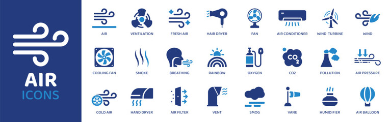 Air - Icon Collection. Thin Line Set contains such Icons as Air, Ventilation, Fresh, purifier, Hair, dryer, Fan and more. Simple web icons set.
