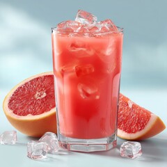 Refreshing pink grapefruit juice in a tall glass with ice cubes, halved grapefruit slices, and a cool blue background for summer refreshment