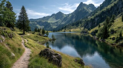 Fototapeta premium Hiking adventure by a serene lake in the mountains nature landscape photography peaceful environment scenic view