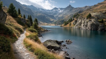 Serene hiking trail along crystal clear lake majestic mountains nature photography peaceful environment wide angle view