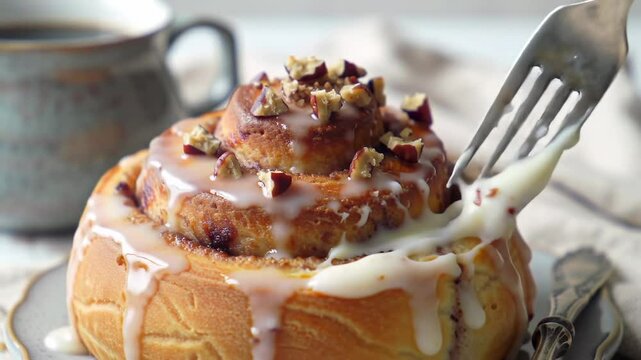 Cinnamon roll with icing and pecans on patterned plate.