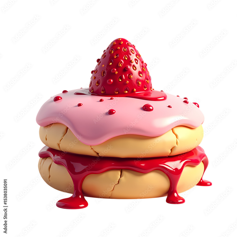 Poster a two layer cake with pink frosting and a strawberry on top isolated on transparent background