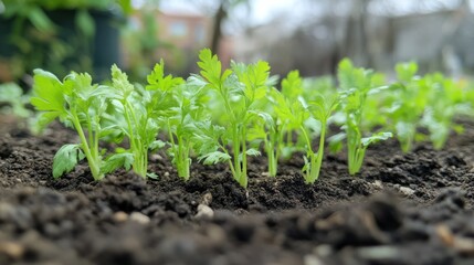 close-up of young greenery in a garden bed