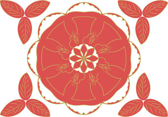 Stylized leaves and flowers in orange-red color in a seamless pattern.