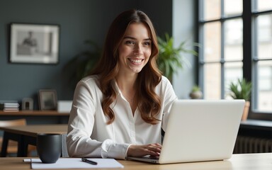 Photo of attractive business lady look screen notebook table remote work staff study trainer coach good mood talking interview listen vacancy participant home office social distance indoors