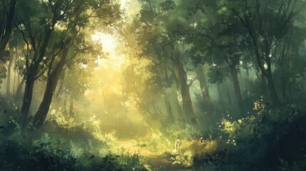 Obraz premium Serene Sunlit Path Through Lush Green Forest Magical Woodland Scene Tranquil Nature