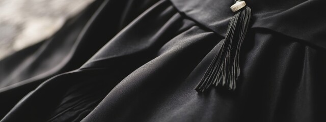 Close up of Black Graduation Gown with Tassel Academic Attire Graduation Ceremony Detail